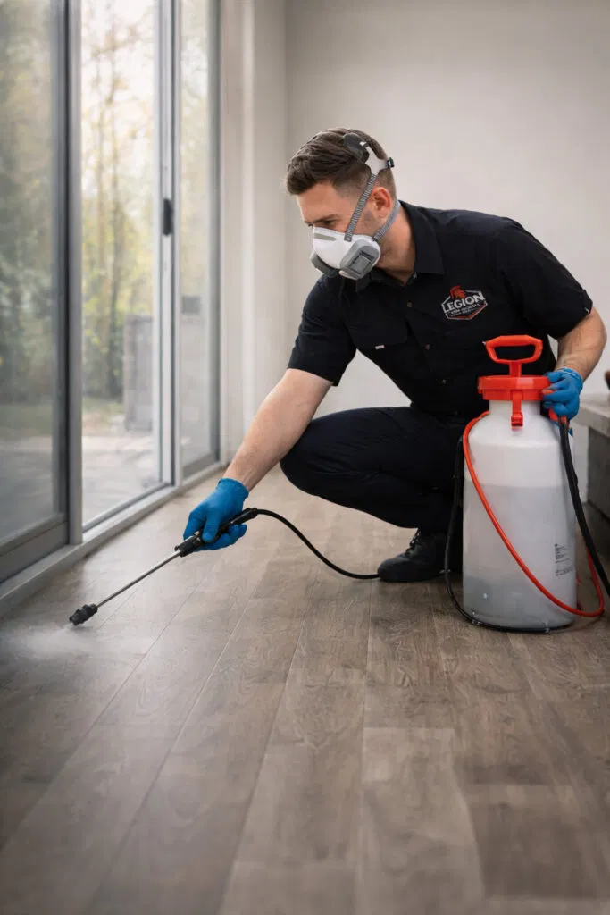 Licensed pest control technician performing a safe treatment inside a residential property in Canberra